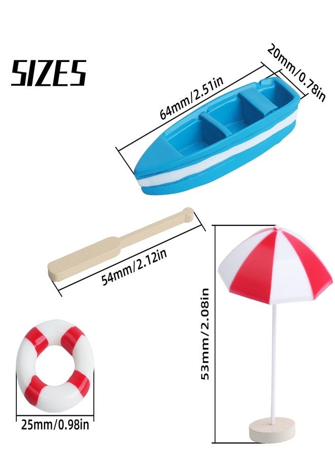 Begino 4 Sets of Miniature Rowboat Mini Blue Boat with Red Oars Figurines Micro Landscape Life Buoy Red Beach Umbrellas Canoe Models Ocean Beach Scene Ornaments - Image 2